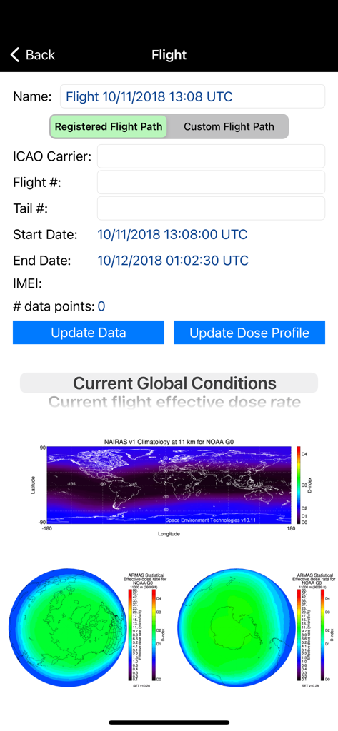 ARMAS - フライトの詳細とグローバル放射線線量率マップを表示するインターフェース。