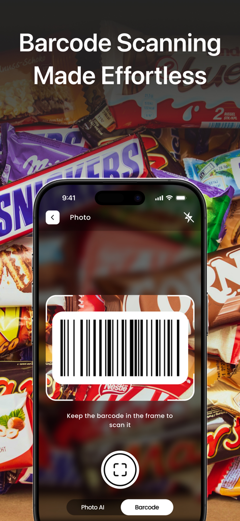 AI Calorie Tracker - Fitory - Interfaz del escáner de códigos de barras de la aplicación Fitory, Rastreador de Calorías IA, para un registro nutricional rápido