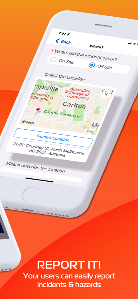 Riskware - Interfaz de la aplicación Riskware para seleccionar la ubicación de un incidente con un mapa y opciones de reporte fuera del sitio.