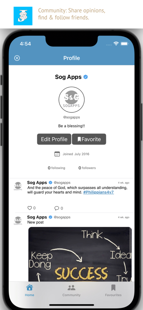 CCCHymns app profile page and community feed showing social posts and church member interactions