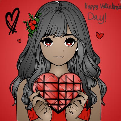 realistic girl holding a valentine of chocolate