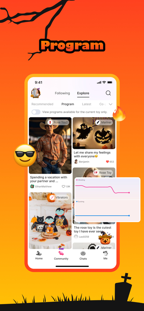 Joyhub app screen showing the explore section with user created programs for remote toy control featuring a Halloween theme