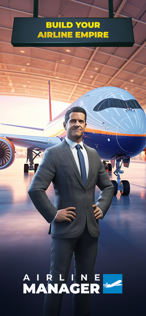 CEO in a suit standing in front of a commercial jet with text Build Your Airline Empire