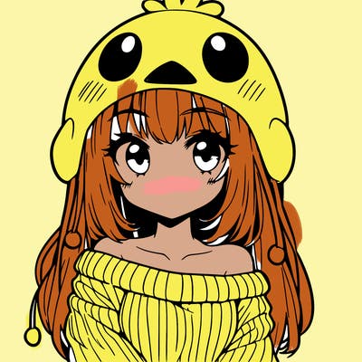 anime girl with chick shaped hat with sweater with bare shoulders with bangs covering them one eye with low tail