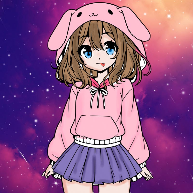 pretty anime girl wearing a fluffy hoodie with bunny ears on the hood and a skirt