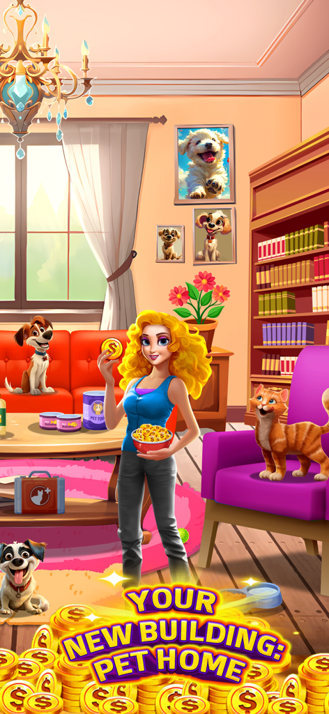 Hunter Slot - A blonde woman in a cozy living room with dogs and cats holding gold coins for the pet home building feature in Hunter Slot