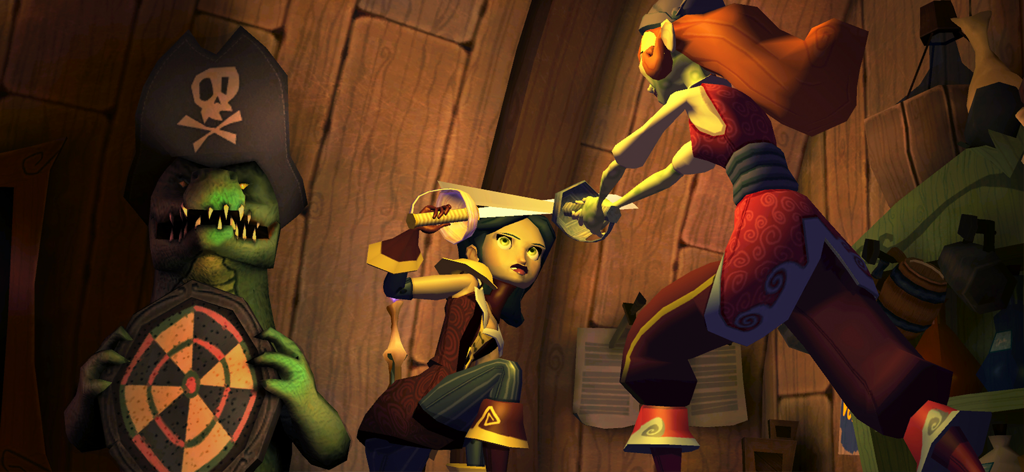 Tales of Monkey Island Ep 1 - Dos piratas luchando con espadas mientras un pirata monstruo verde sostiene una diana