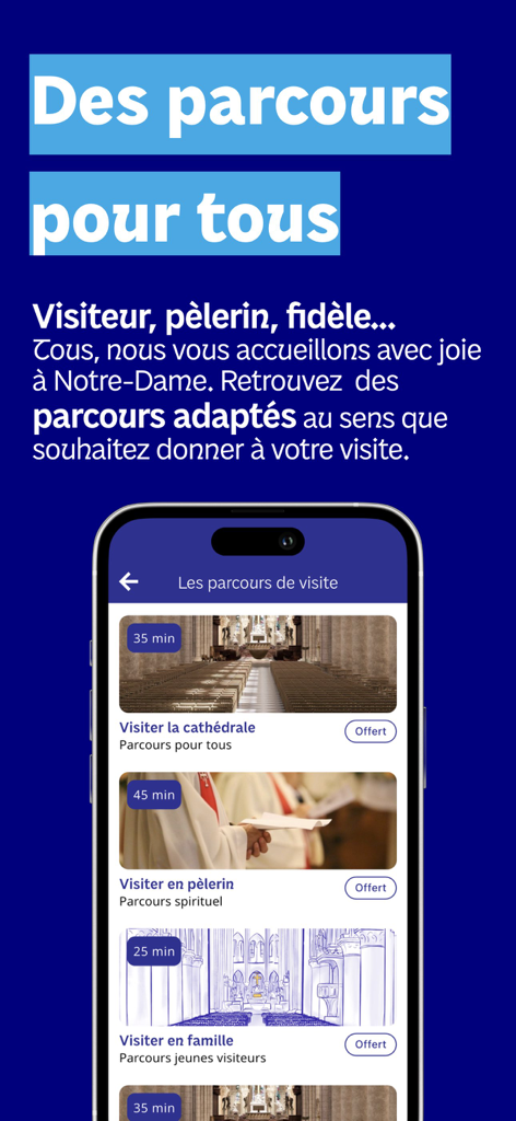 Cathédrale Notre-Dame de Paris - Official Notre Dame de Paris app screen showing various visit itineraries for tourists and pilgrims.