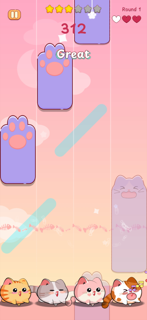 Cats Tiles - 落ちてくる猫の足のピアノタイルと可愛い子猫が表示されたキャッツタイルのゲームプレイ画面。