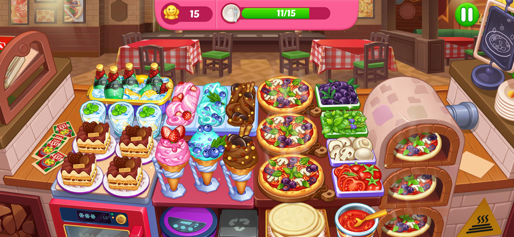 Gameplay of Cooking Diner showing pizzas and desserts ready to serve