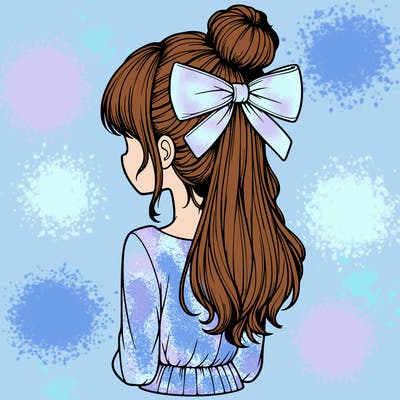 realistic girl  with hip length hair a bun and a big bow on the back of head