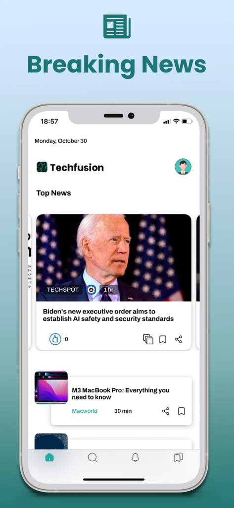 Interface do aplicativo móvel Techfusion mostrando artigos de notícias de última hora sobre tecnologia em um iPhone