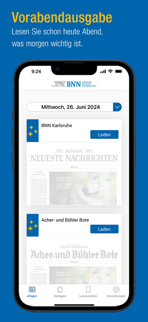 L'application mobile BNN ePaper propose l'édition du soir avec des options de téléchargement pour les actualités locales allemandes.