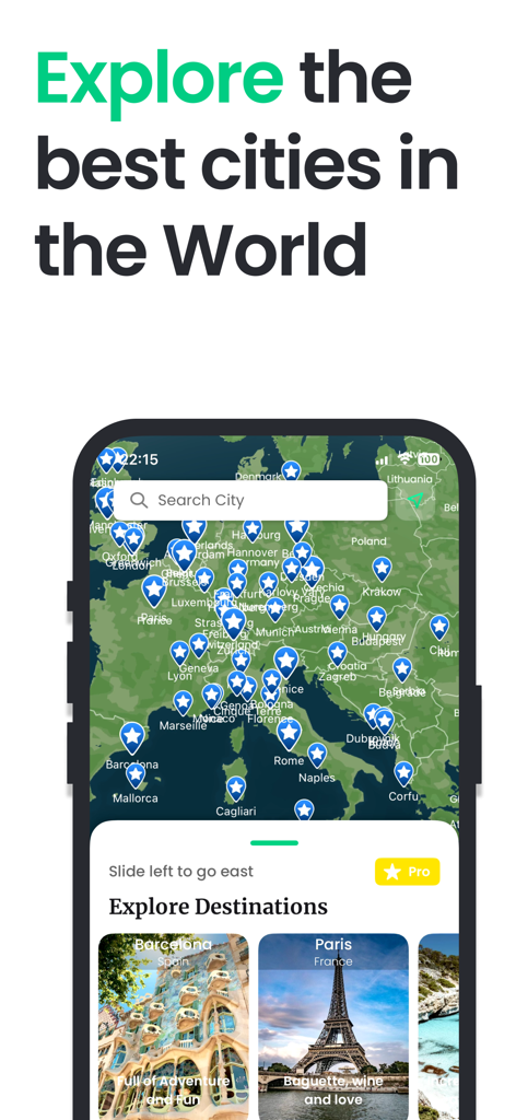 L'interfaccia dell'app Tourist che mostra una mappa interattiva dell'Europa con segnaposto di destinazioni e guide di viaggio.
