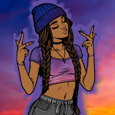 realistic teenage girl with braids and a beanie and crop top doing 🫶🏼