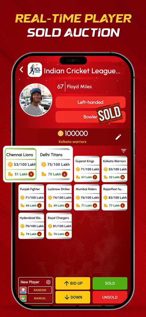 CricAuction - Cricket Auction - Real time cricket player auction screen with team budget tracking and bidding status