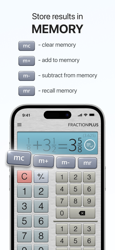 Fraction calculator app interface showing memory storage buttons for clear add subtract and recall