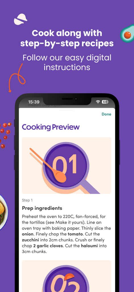 Dinnerly: Meal Kit - A mobile screen showing step-by-step digital cooking instructions for prepping ingredients on the Dinnerly app.