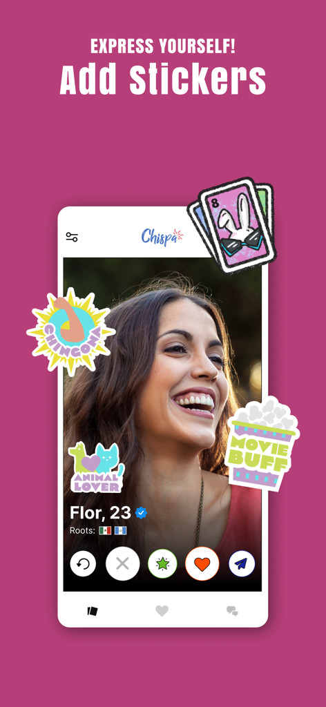 Interface de perfil do app Chispa mostrando bandeiras de herança cultural e figurinhas decorativas de interesse
