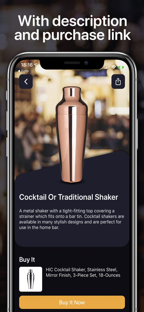 Cocktails For Real Bartender - Una pantalla de la aplicación Cocktails For Real Bartender que muestra una coctelera de cobre con su descripción y un botón de enlace de compra.