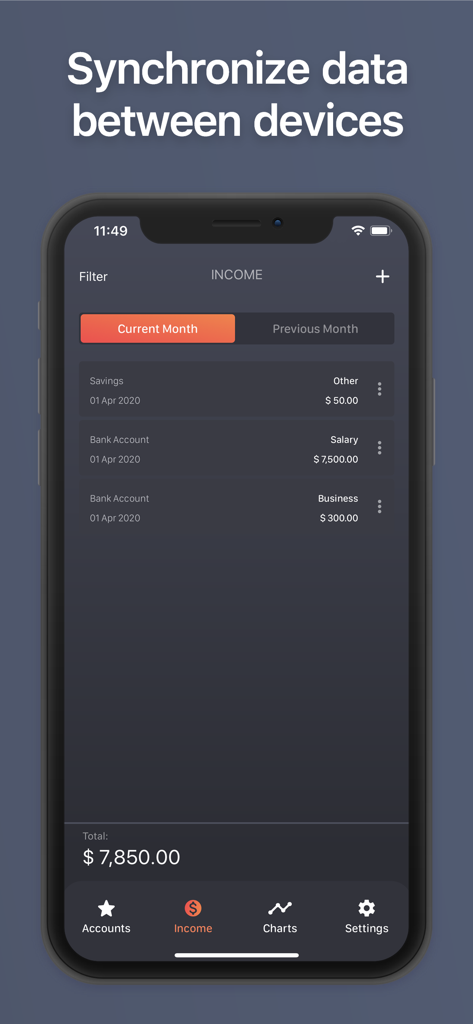 Net Worth by BalanceViewer app interface showing monthly income summary and device synchronization