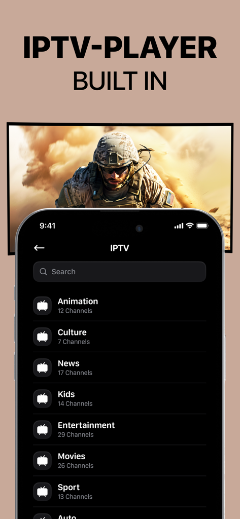 Screen Mirroring App: Smart TV - 영화 및 스포츠와 같은 다양한 채널 카테고리를 보여주는 스마트폰의 내장 IPTV 플레이어 인터페이스