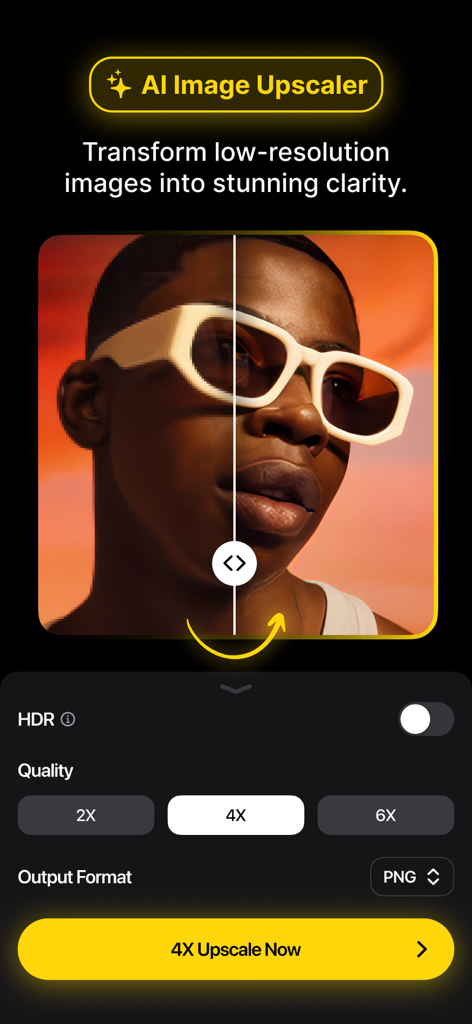 AI Upscaler - Image Enhancer - AI 업스케일러의 모바일 앱 인터페이스, 4배 업스케일 설정으로 저해상도 및 고해상도 초상화의 나란히 비교를 보여줍니다.