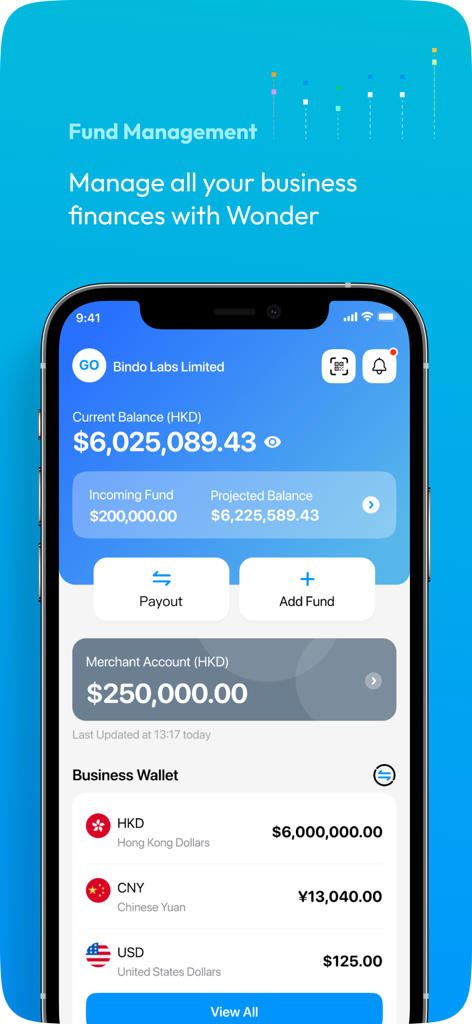 Wonder - Business Account - Wonder app fund management dashboard showing business balances and multi-currency wallet