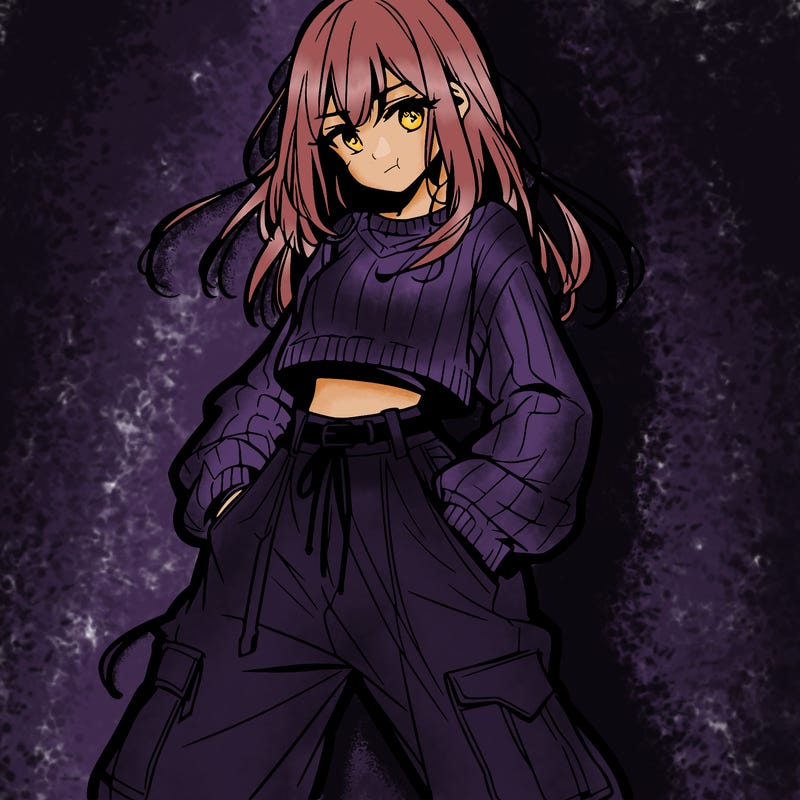 anime teen girl with baggy pants and crop top with sweater