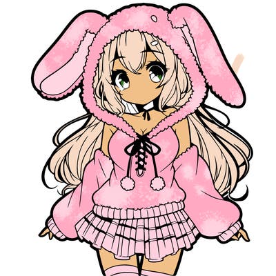 pretty anime girl wearing a fluffy hoodie with bunny ears on the hood and a skirt