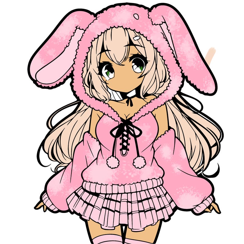 pretty anime girl wearing a fluffy hoodie with bunny ears on the hood and a skirt