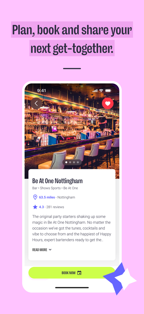 MiXR app interface showing a bar profile with a booking button for social planning.