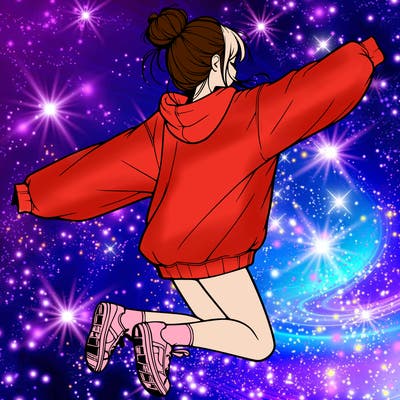 realistic girl jumping with a bun and oversized sweatshirt