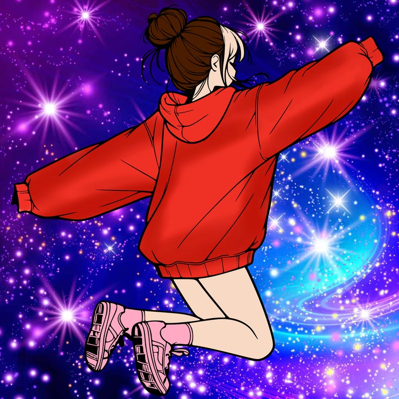 realistic girl jumping with a bun and oversized sweatshirt