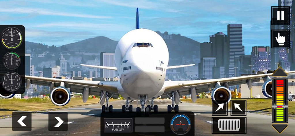 Flight Pro Plane Simulator 3d - Gran avión de pasajeros en la pista de un aeropuerto con horizonte urbano de fondo en Flight Pro Plane Simulator 3d