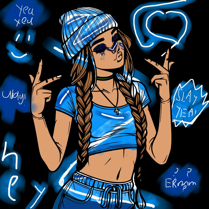 realistic teenage girl with braids and a beanie and crop top doing 🫶🏼