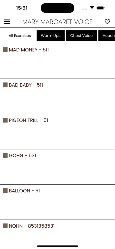 Mary Margaret Voice - A list of vocal exercises and warm ups within the Mary Margaret Voice app mobile interface