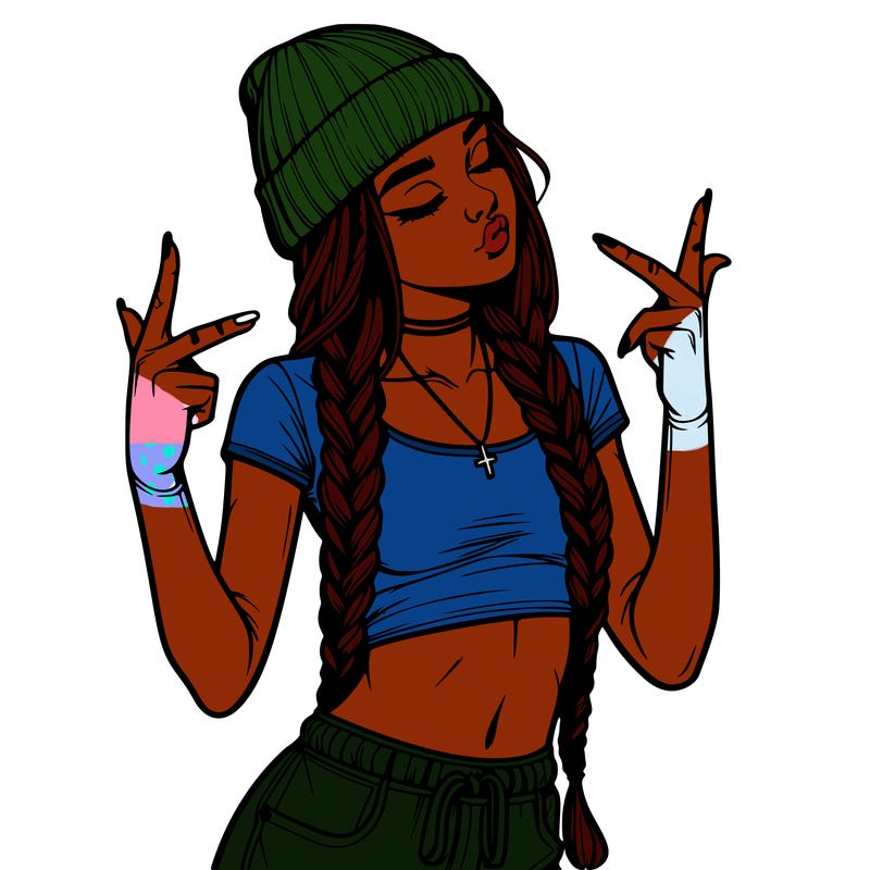 realistic teenage girl with braids and a beanie and crop top doing 🫶🏼