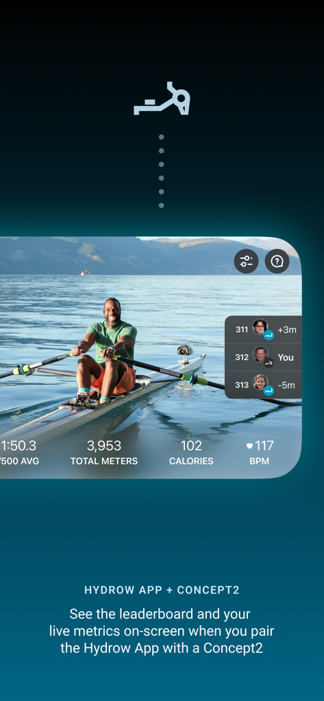 Hydrow app workout screen displaying live rowing metrics and a competitive leaderboard when paired with a Concept2 machine