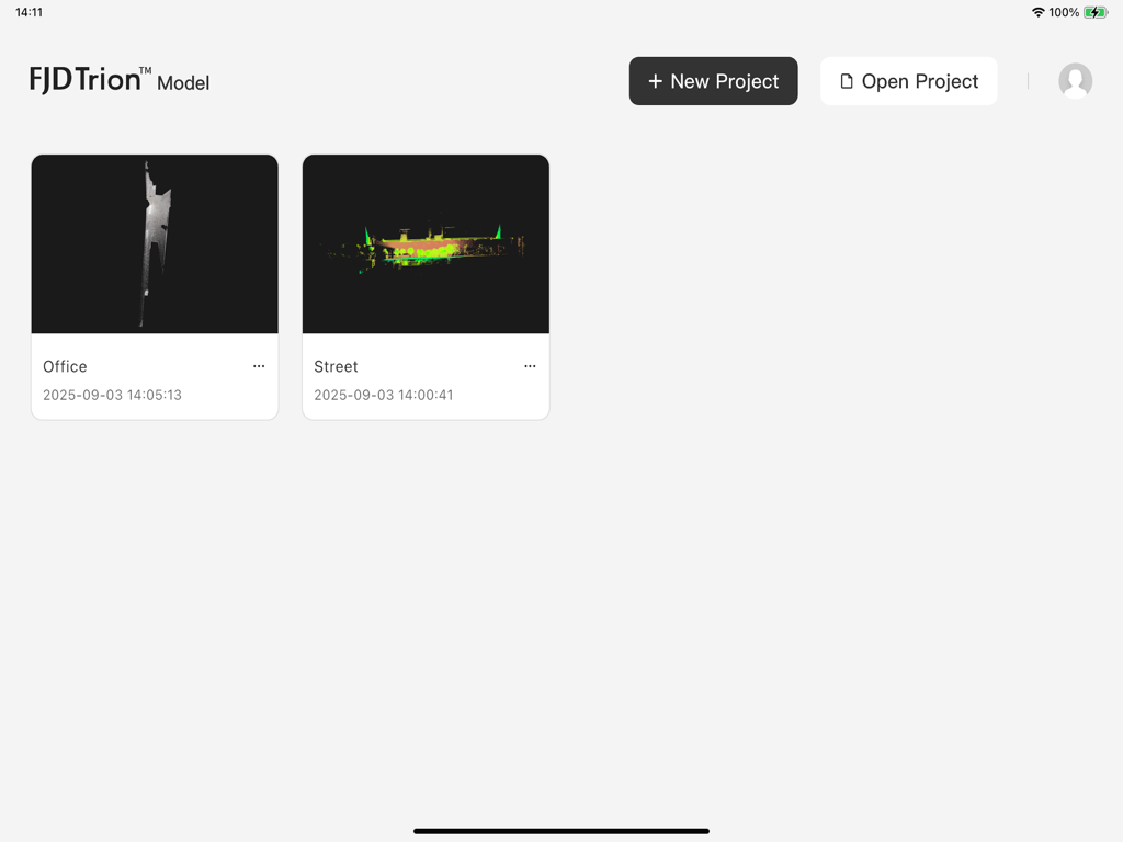 FJD Trion Model - FJD Trion Model app dashboard on iPad showing point cloud project thumbnails