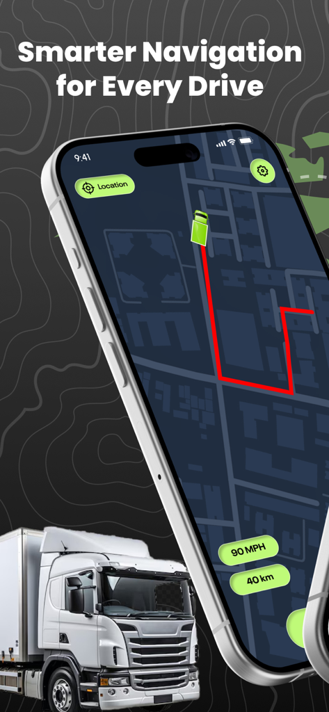 Truck Route GPS & IFTA - Smartphone mostrando una ruta de navegación de camiones comerciales con un camión en el fondo.