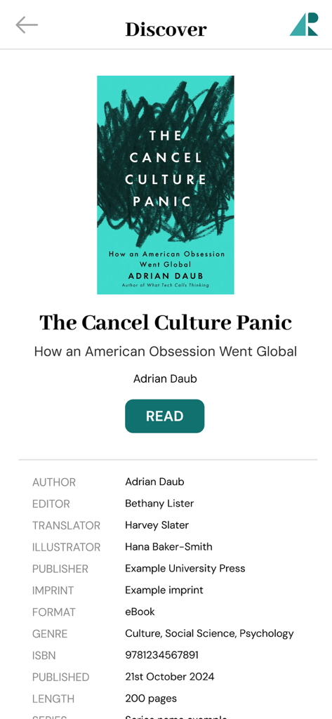 A detailed view of an academic ebook title in the Academic Reader app featuring book metadata and a read button