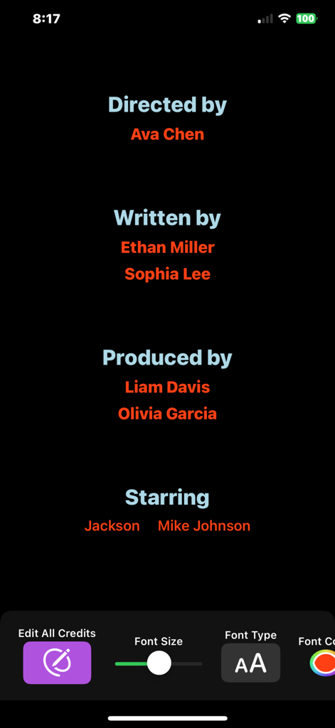 Pantalla de edición de créditos de película con controles de personalización de texto