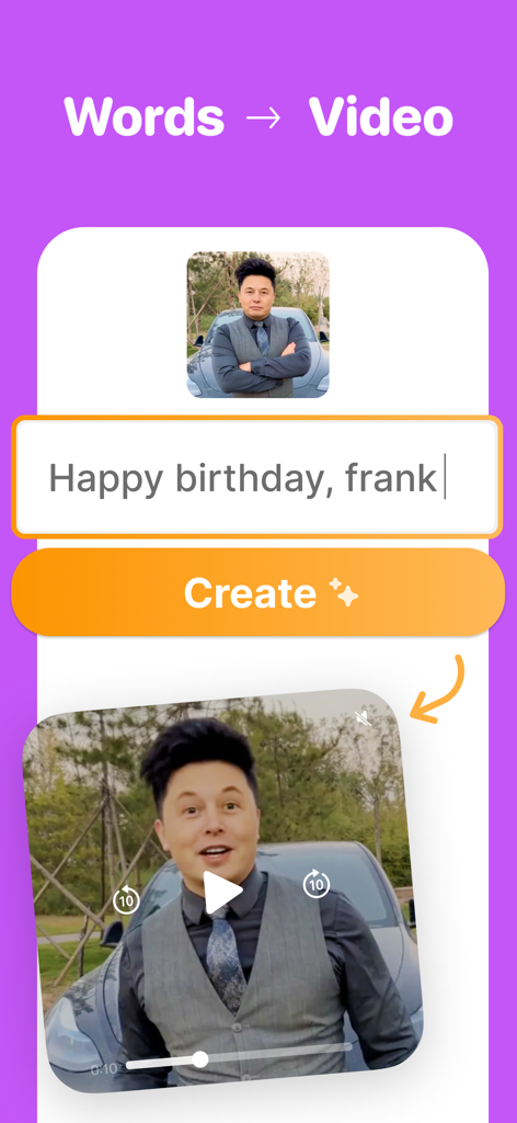Parrot: Voice Generator AI App - Una captura de pantalla de la aplicación Parrot AI que muestra el proceso de conversión de texto a un vídeo de parodia de celebridades