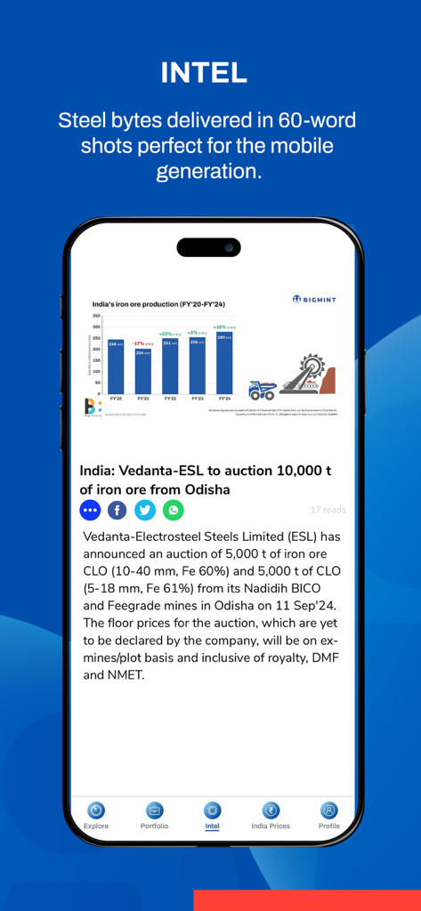 BigMint - BigMint app interface showing market intelligence news and commodity production charts