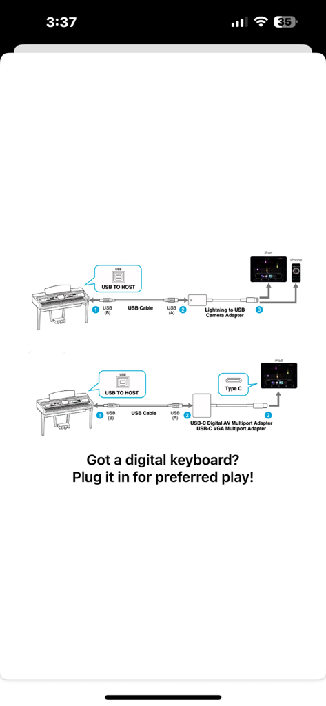 Piano Chord Trainer - Instructional diagram showing how to connect a digital piano to an iPad or iPhone using USB adapters