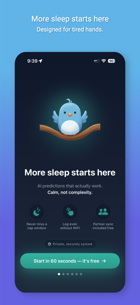 Nestling: Baby Tracker & Log - Nestling baby tracker app welcome screen showing sleep predictions and partner sync features