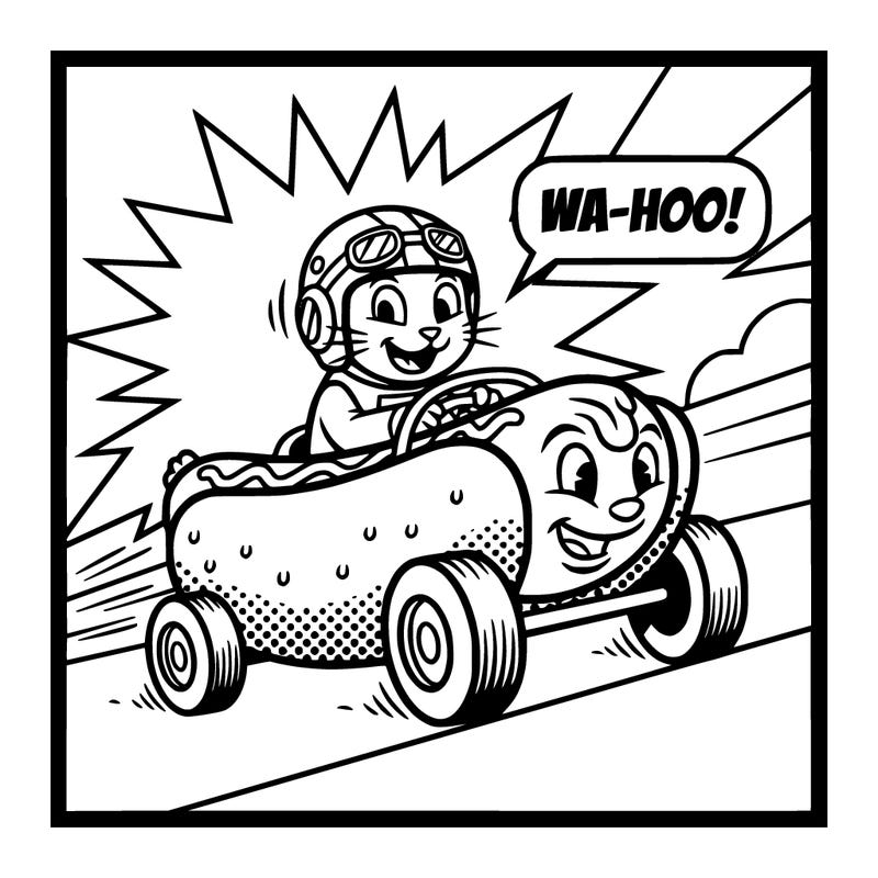 cat driving a hotdog