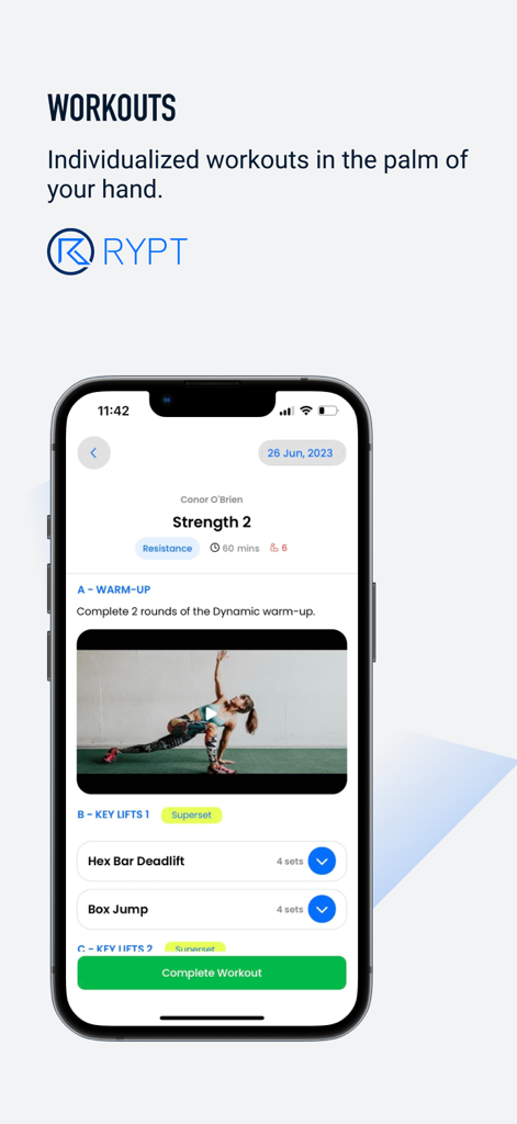 RYPT - RYPT app showing an individualized strength training workout with exercise technique videos on an iPhone screen