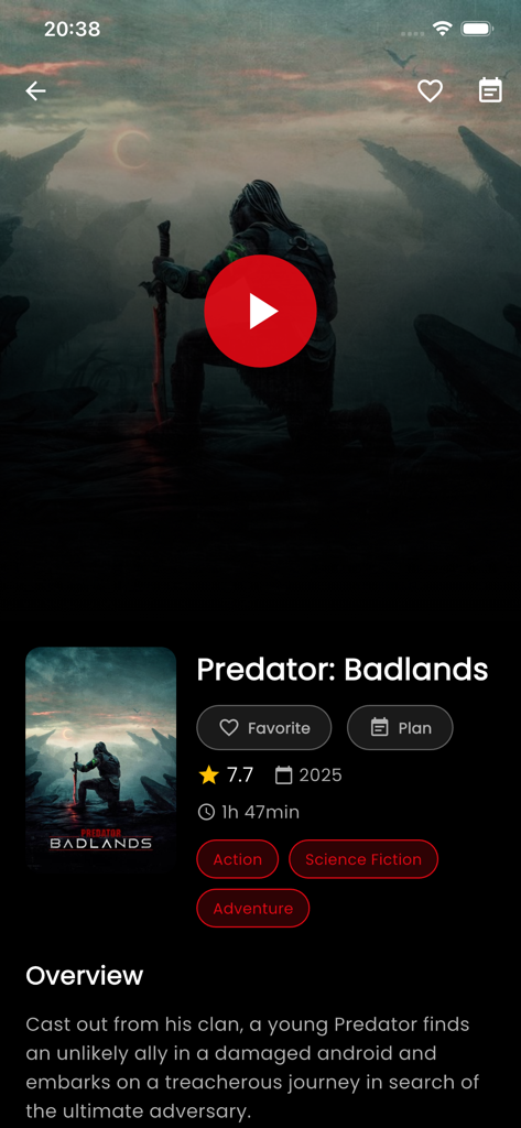 Movie detail screen for Predator Badlands in the Netmirror app showing rating genre and synopsis